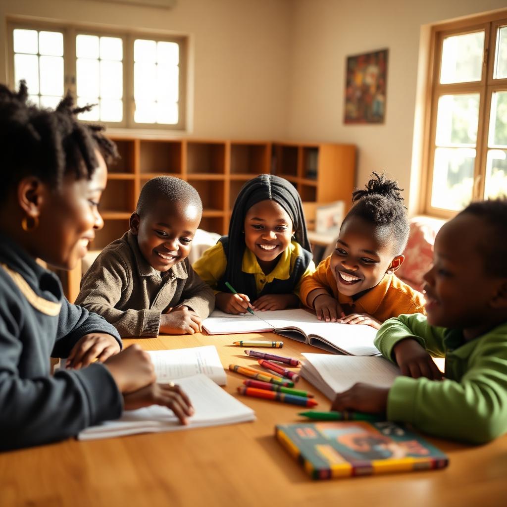 Children doing homework with a tutor at Siyakhula after-school care